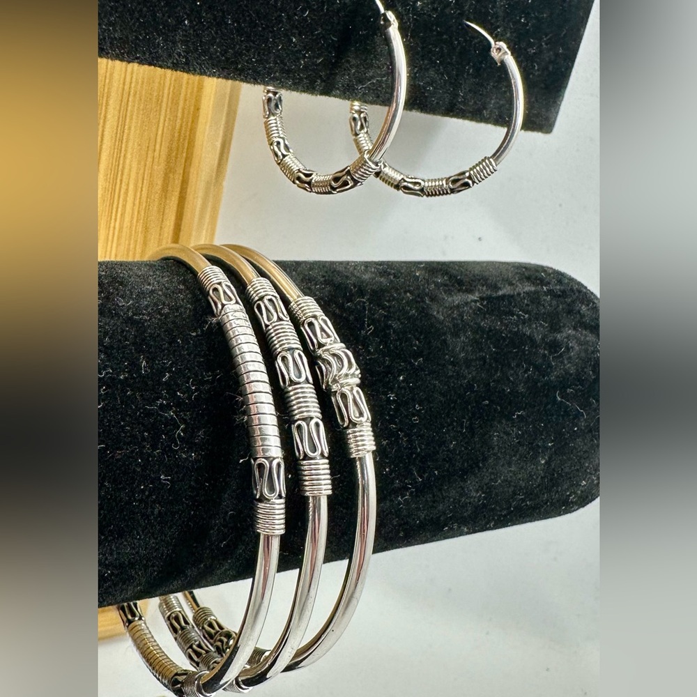 BA SUARTI Bali Sterling Silver Filigree 3 Bangle Bracelets & Hoop Earrings Set - Picture 2 of 16